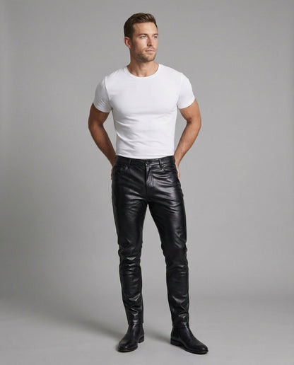 Herren Slimfit Hose Kunstleder Steppdetails Schwarz
