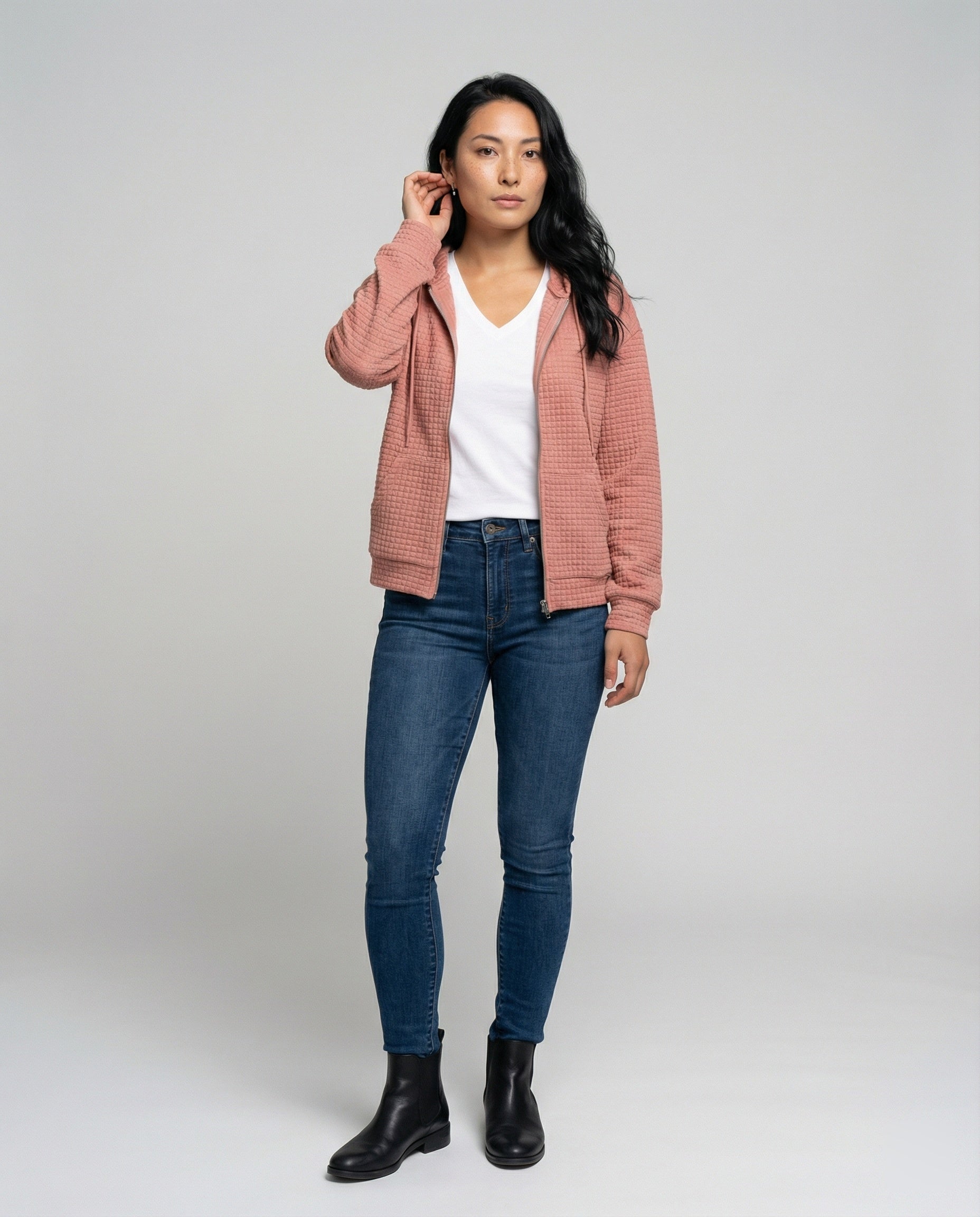 Kapuzenpullover Damen Waffle-Strick Reißverschluss Modern - BerlinGlamour