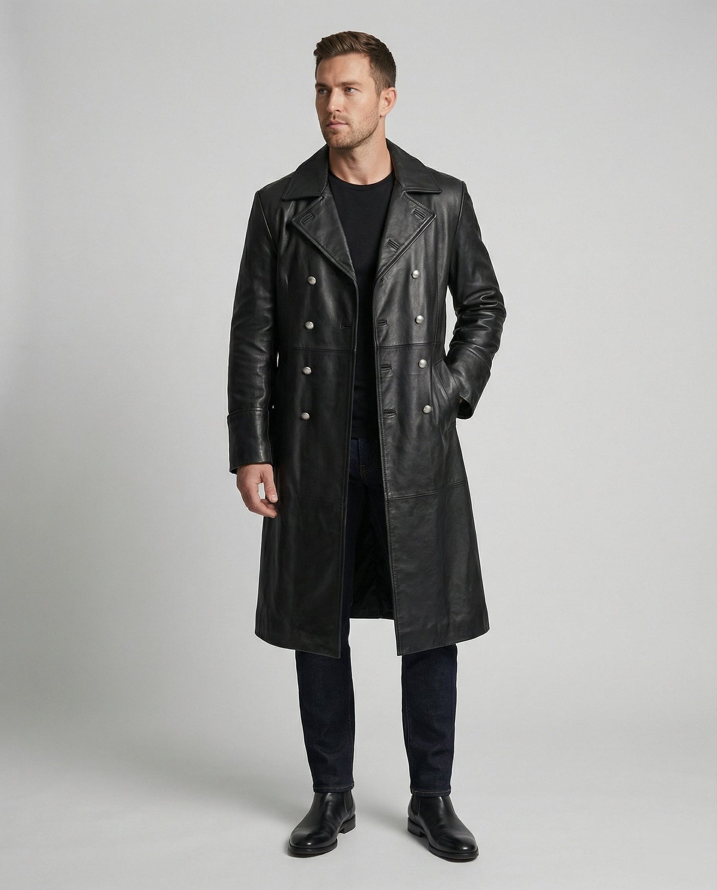 Ledermantel Herren Lang Knöpfe Elegant Schwarz - BerlinGlamour