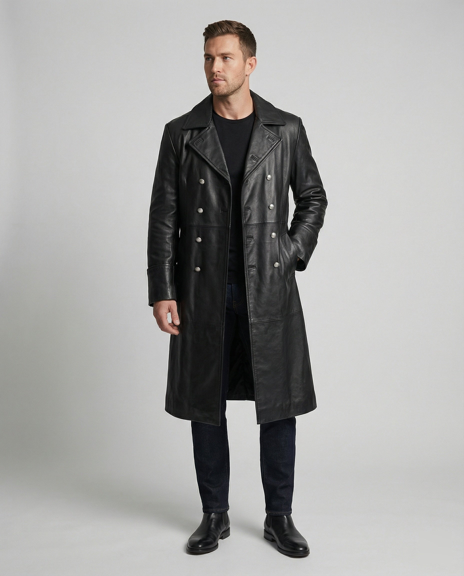 Ledermantel Herren Lang Knöpfe Elegant Schwarz - BerlinGlamour