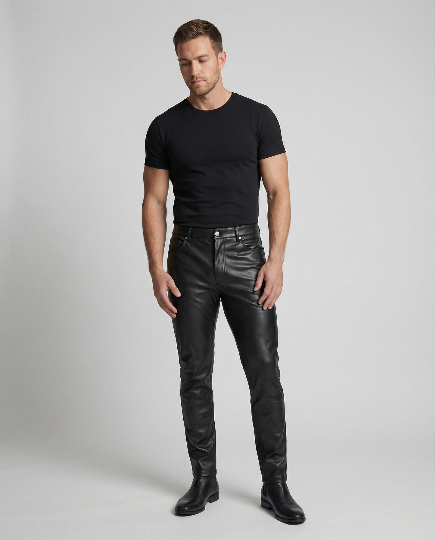 Herren Slimfit Hose Kunstleder Schwarz mit Taschen