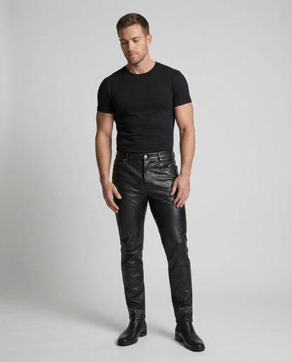 Herren Slimfit Hose Kunstleder Schwarz mit Taschen