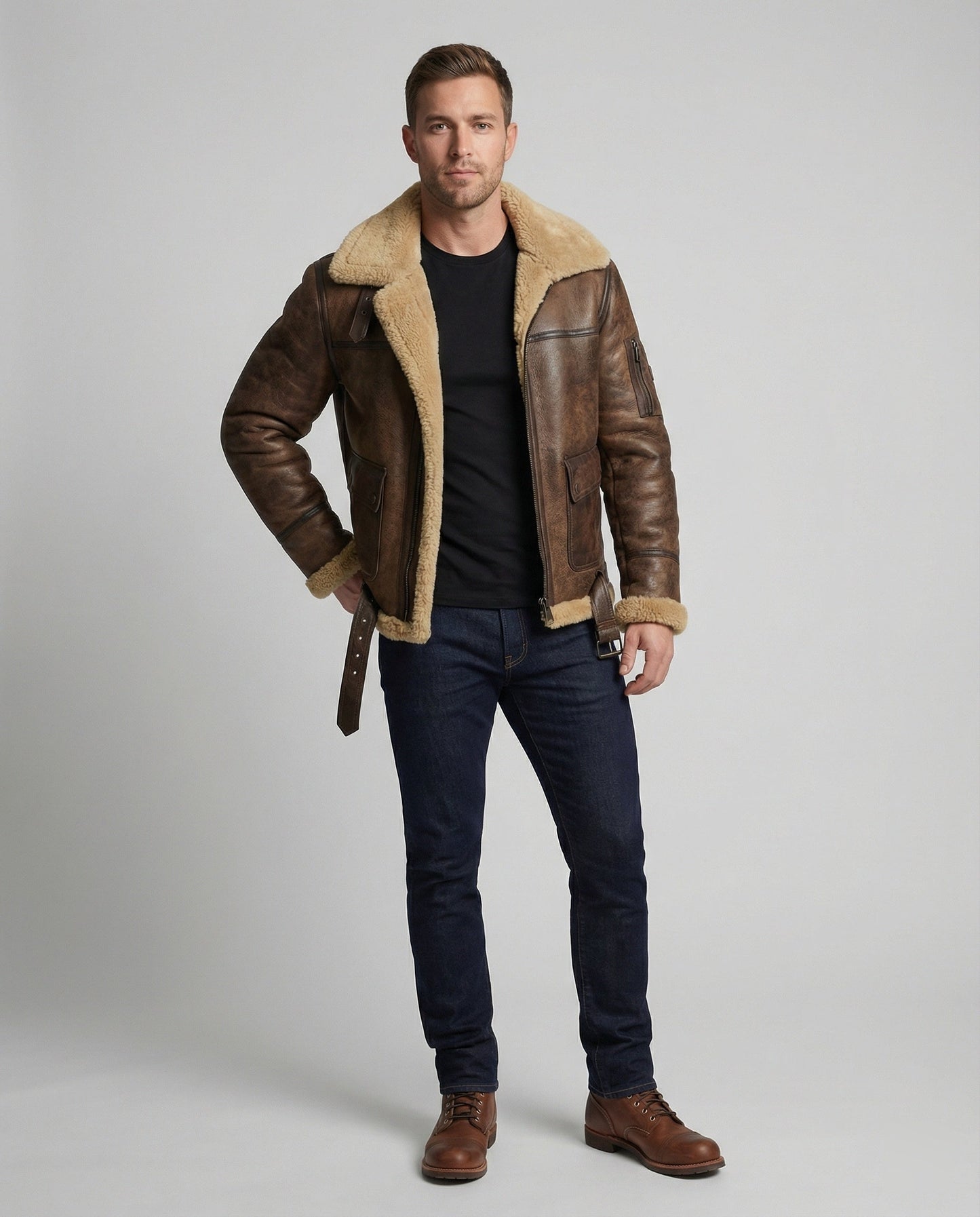 Herren Stehkragen Jacke Echtleder Dunkelbraun