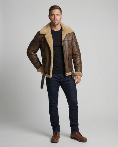 Herren Stehkragen Jacke Echtleder Dunkelbraun