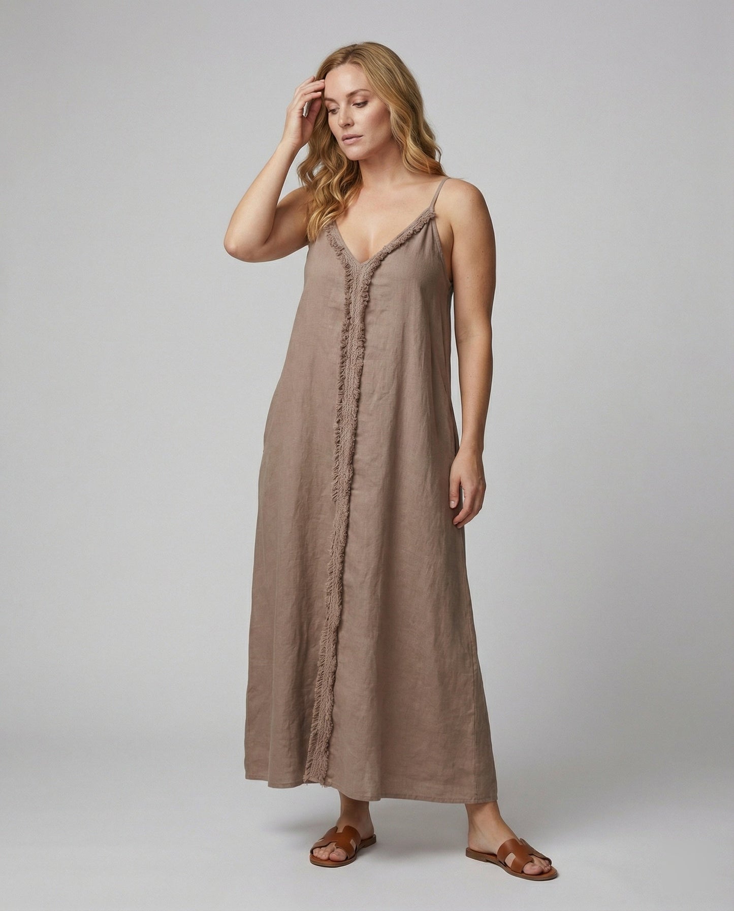 Damen Maxikleid V-Ausschnitt mit Taschen Sommerkleid Lang