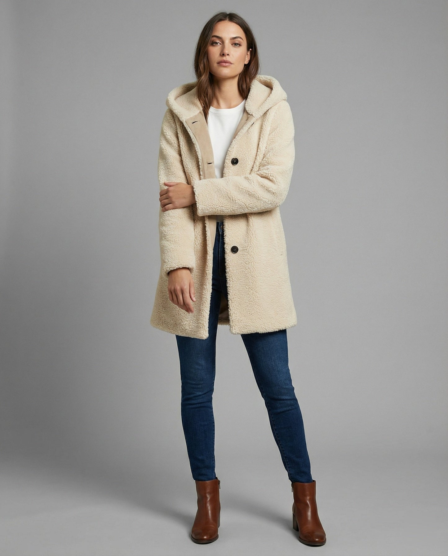 Teddy Mantel Oversized Kapuze Knopfverschluss Mittellang