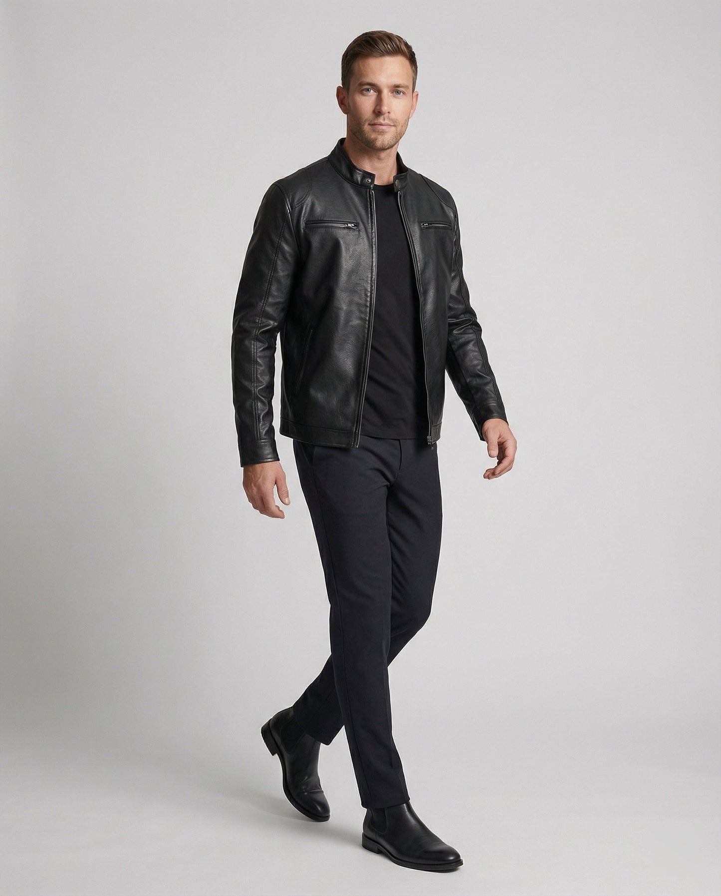 Herren Kunstlederjacke Elegant Schwarz mit Steppdetail