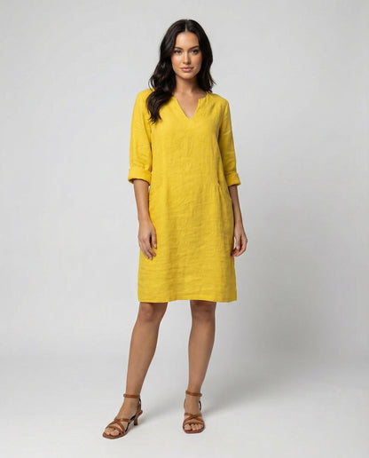 Damen Leinenkleid V-Ausschnitt Elegant Locker