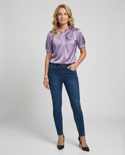 Damen Bluse Top mit Krawattenkragen Elegante Satin