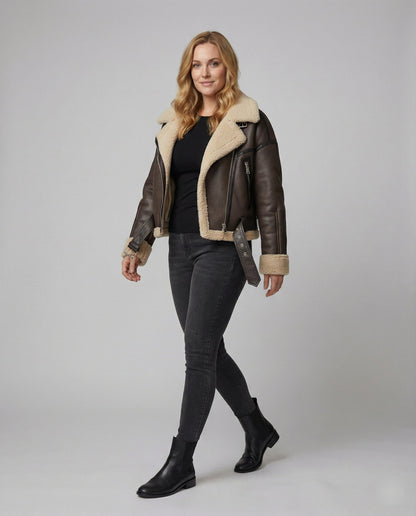Lederjacke Damen Lang Teddyfutter Gürtel Schwarz