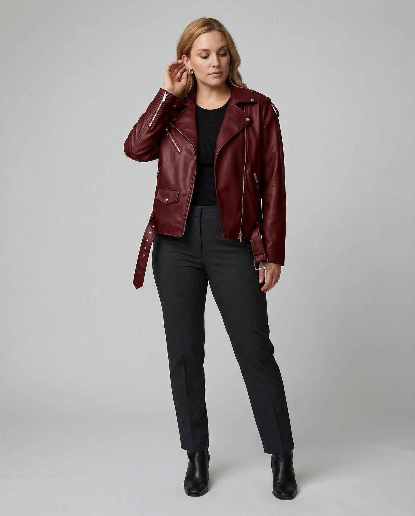 Leder Bikerjacke Damen Reißverschluss Schwarz