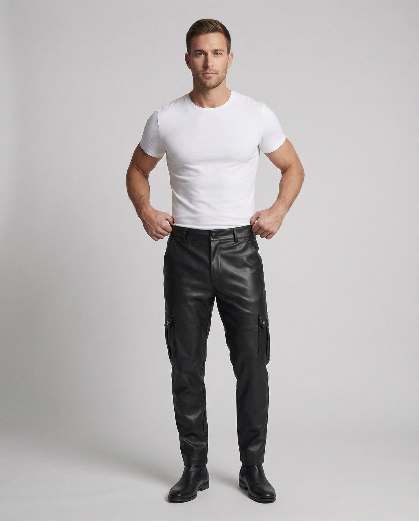 Herren Cargo-Hose Kunstleder Bequem Mit Taschen
