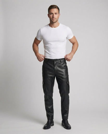 Herren Cargo-Hose Kunstleder Bequem Mit Taschen