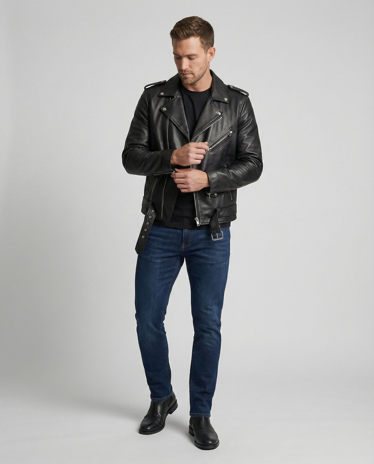 Lederjacke Herren Bikerstil mit Reißverschluss - BerlinGlamour
