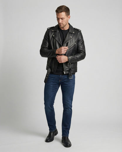 Lederjacke Herren Bikerstil mit Reißverschluss - BerlinGlamour