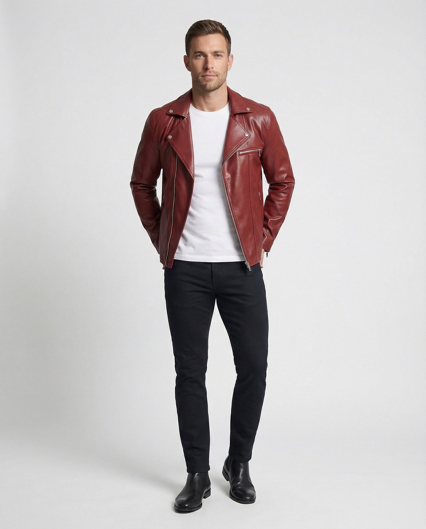 Lederjacke Herren Biker Style Schwarz Mit Nieten