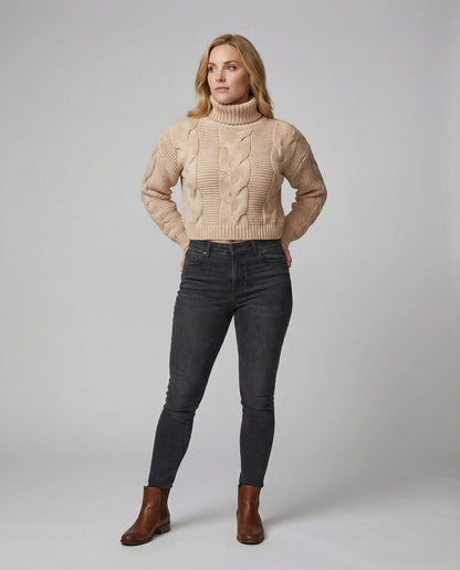 Damen Oversized Pullover Großzügig Zopfmuster Hochkragen