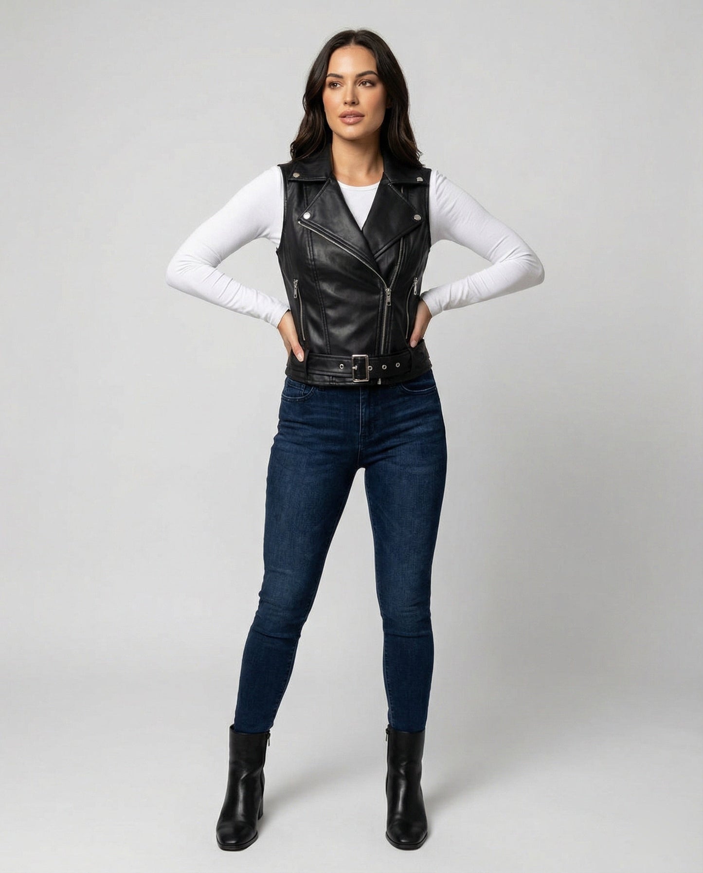Leder Bikerjacke Damen Gürtel Schwarz Lederoptik
