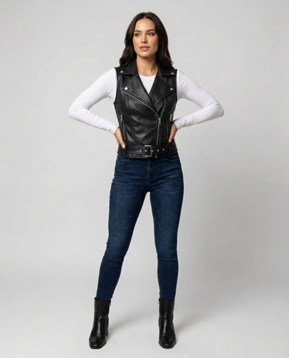 Leder Bikerjacke Damen Gürtel Schwarz Lederoptik