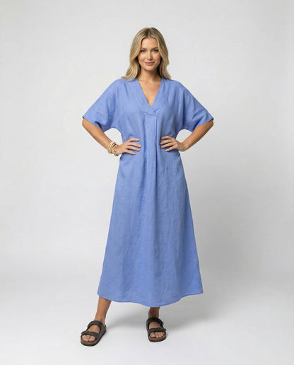 Damen Leinen Maxikleid V-Ausschnitt Weit Ärmel Sommerkleid