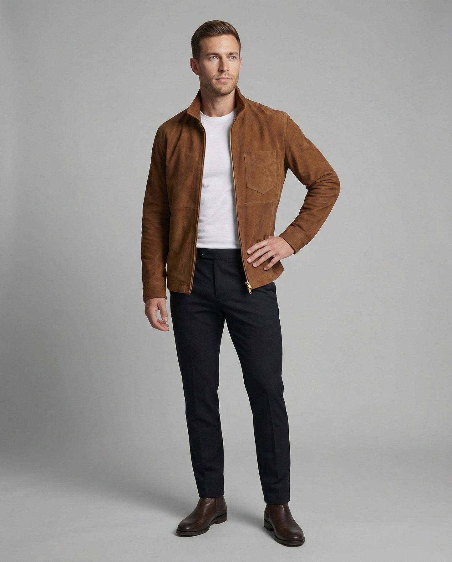 Herren Lederjacke Wildleder Stehkragen Elegant