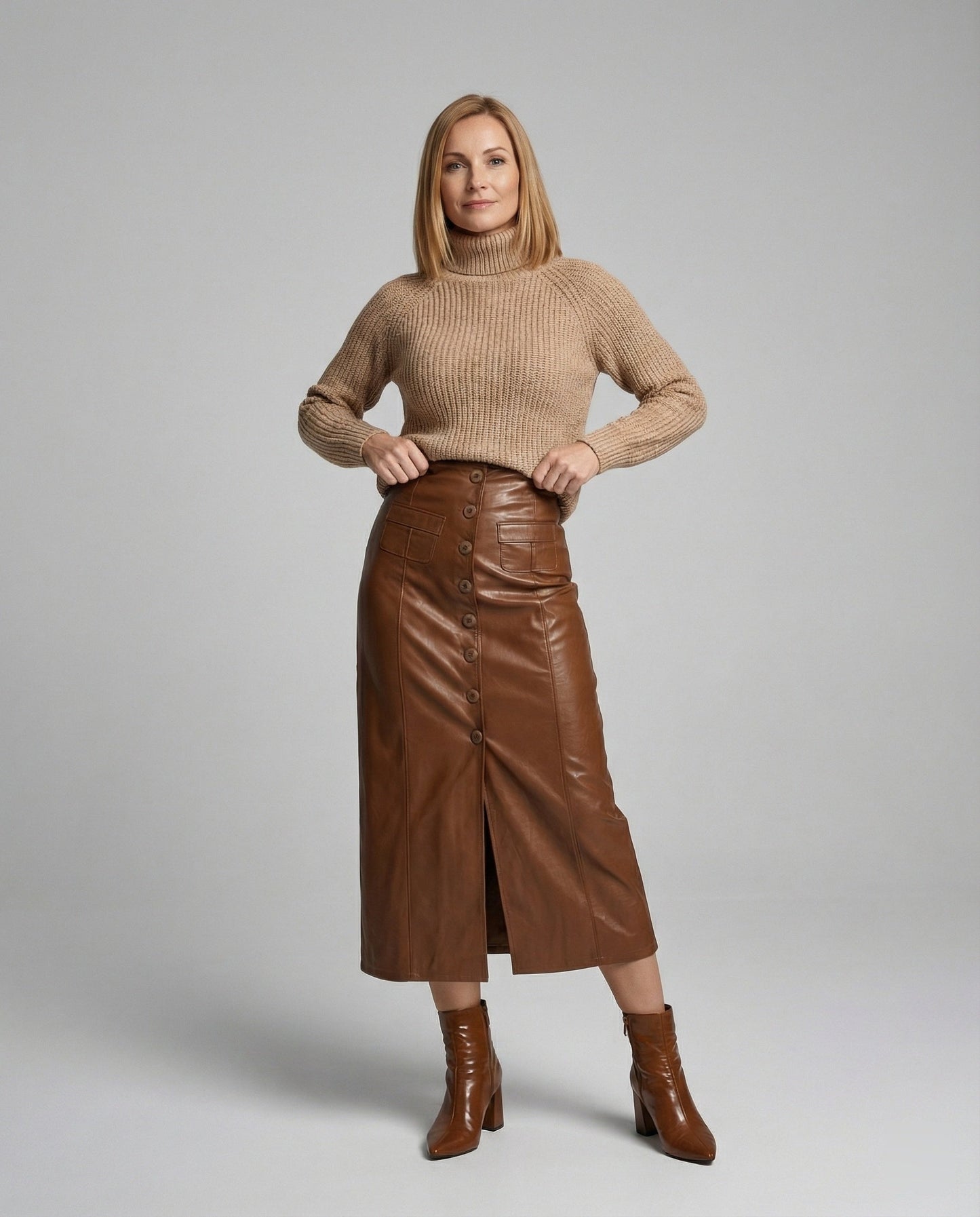 Lederrock Damen Lang Knopfleiste Schwarz Elegent