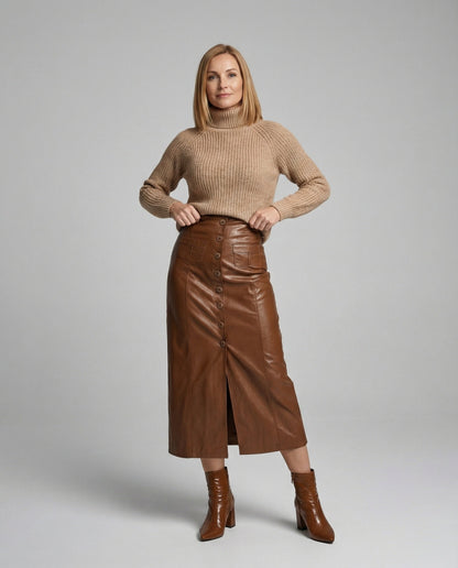 Lederrock Damen Lang Knopfleiste Schwarz Elegent