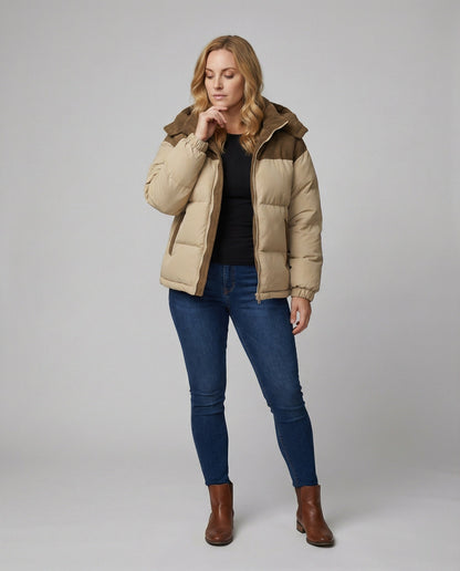 Modische Kapuzenjacke Puff Ärmel Farbblock Design