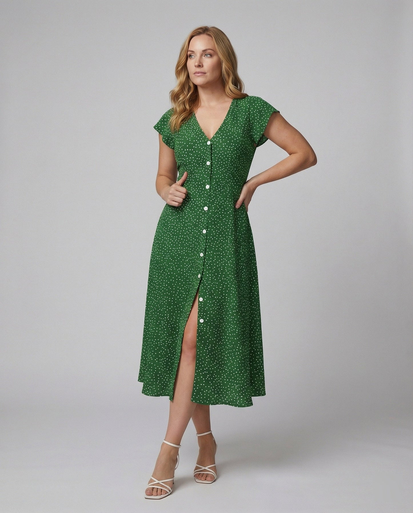 Damen Kleid Langarm mit Knöpfen und Puffärmeln Elegant