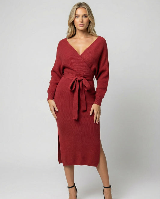 Elegantes Damen Strickkleid mit Wickeldesign und Gürtel - BerlinGlamour
