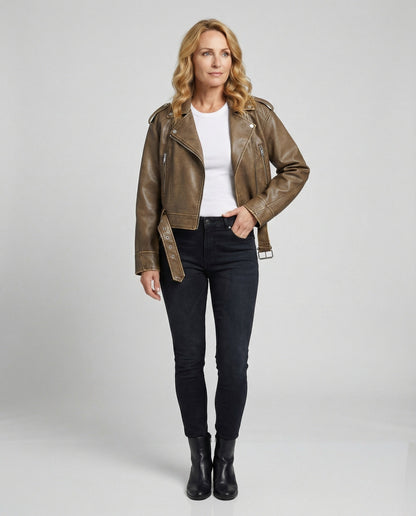 Kunstlederjacke Damen Bikerjacke Cropped Lederlook Schwarz