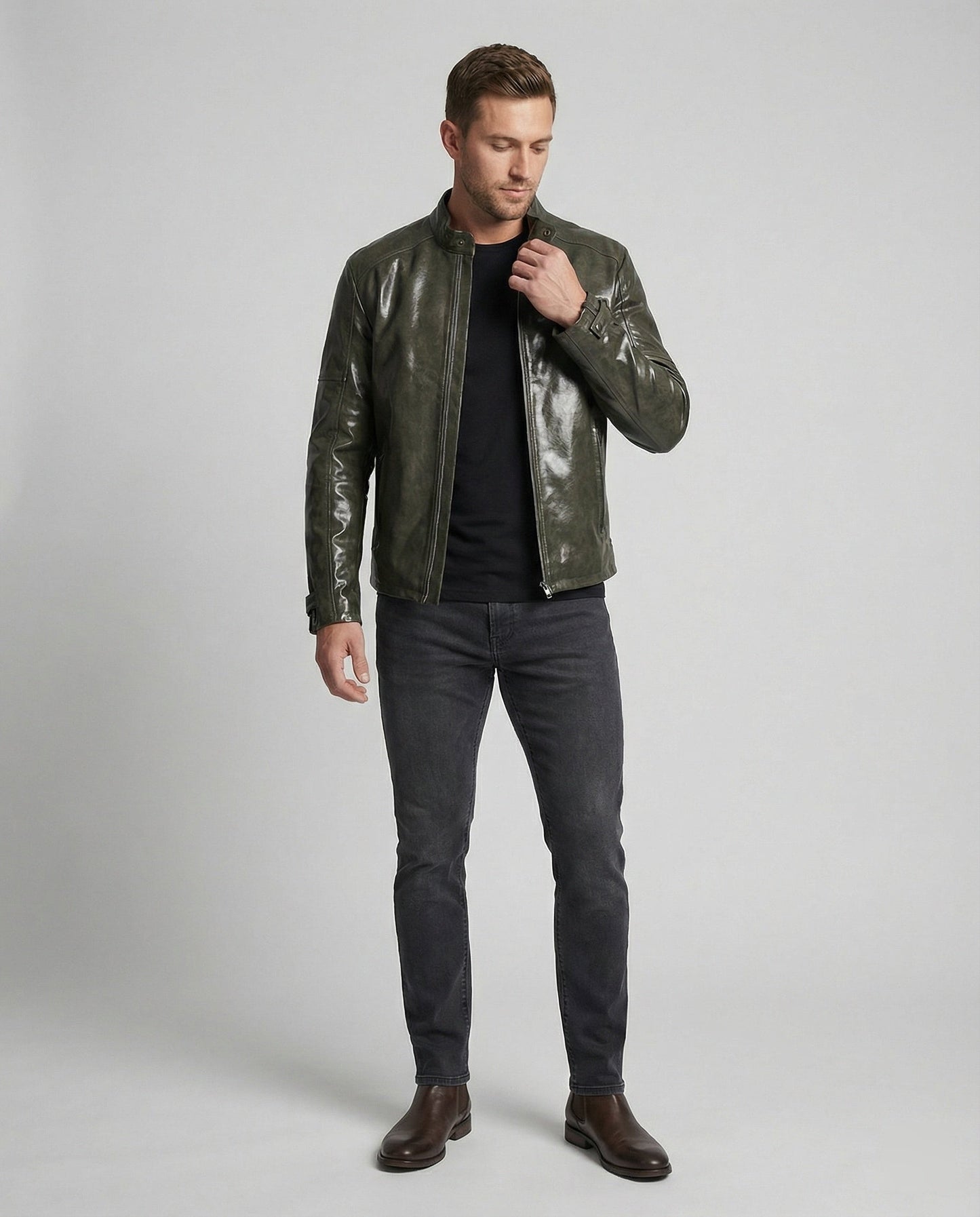 Herren Lederjacke Elegante Reißverschluss Schwarz Ledermantel