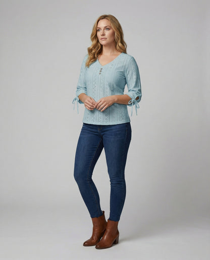 Damen Bluse Modern Spitze Knopfleiste Chic