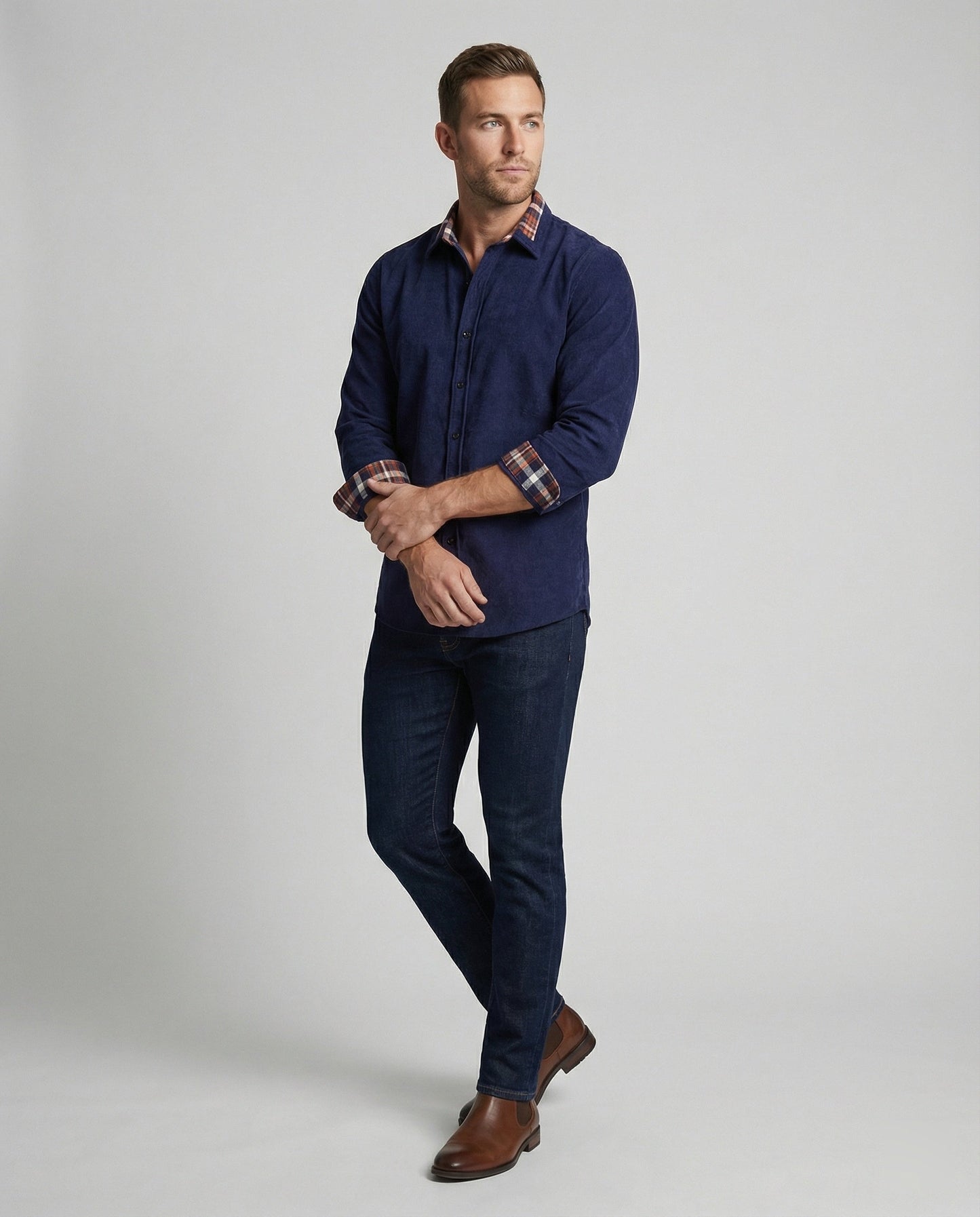 Herren Cordhemd Karomuster Bequem Modern