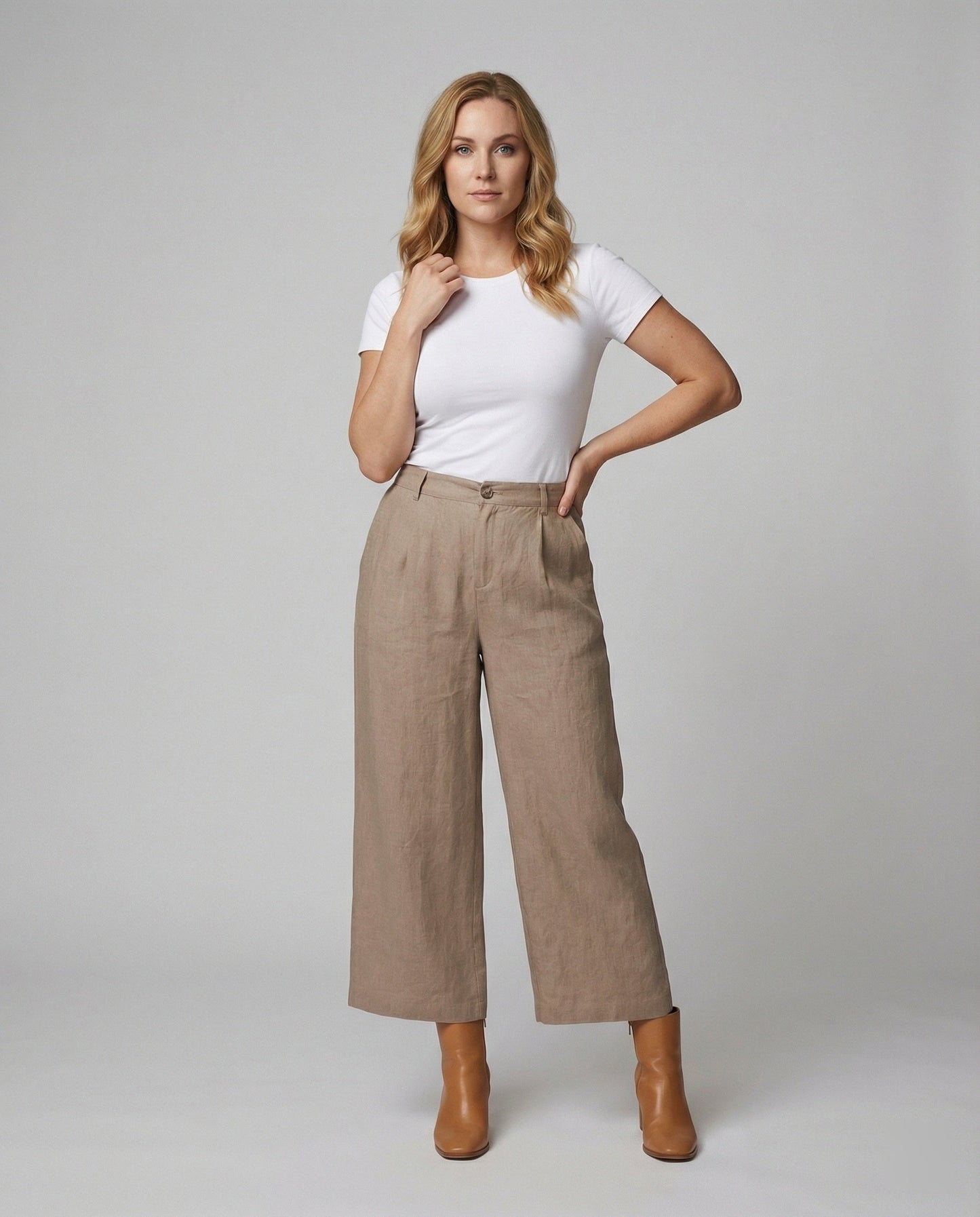 Damen Leinenhose Weite Bein mit Gummibund und Taschen