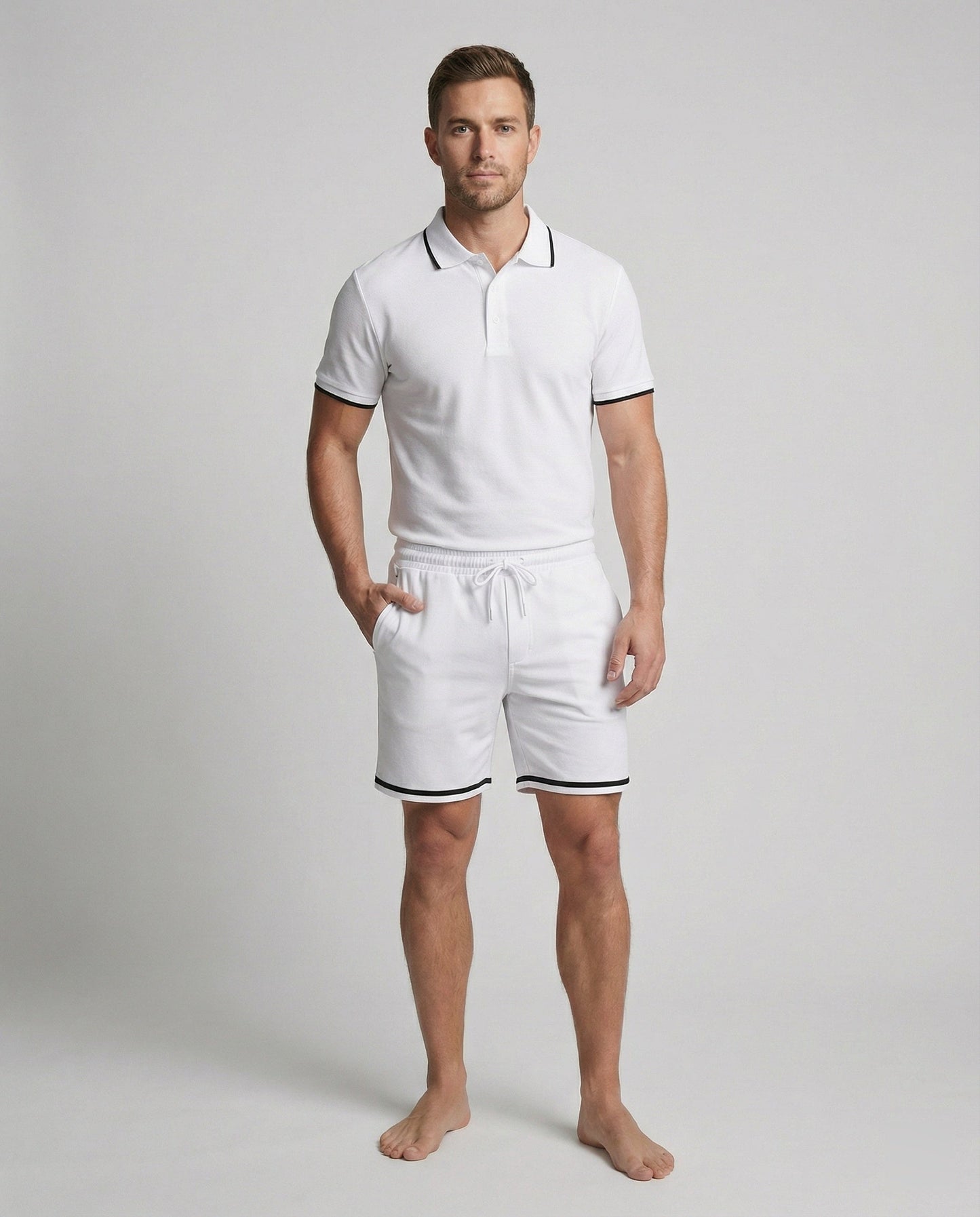 Herren Sportset Polo-Shirt und Shorts Kontraststreifen Modern