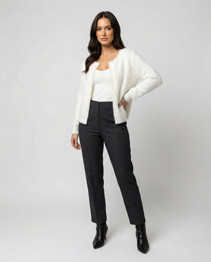 Damen Strickjacke Flauschig mit Perlen Verzierung