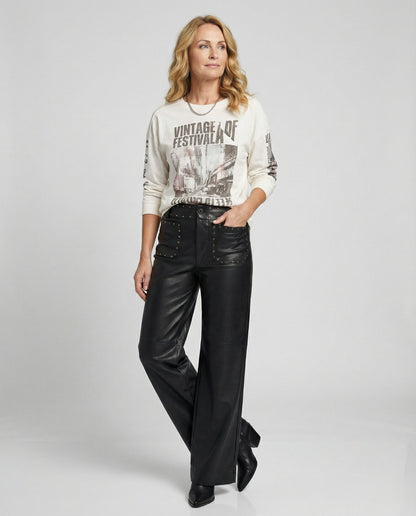 Damen Kunstlederhose Schwarz mit Nieten Trendy