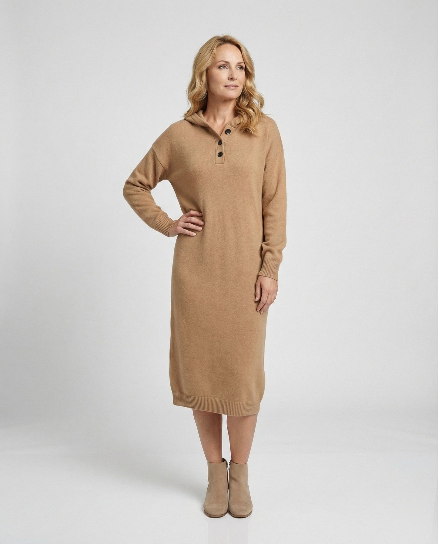 Damen Hoodie-Kleid Weich Kapuzenkleid mit Knöpfen Damenmode