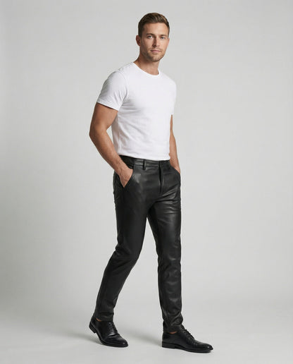 Herren Hose schmale Passform Kunstleder Schwarz