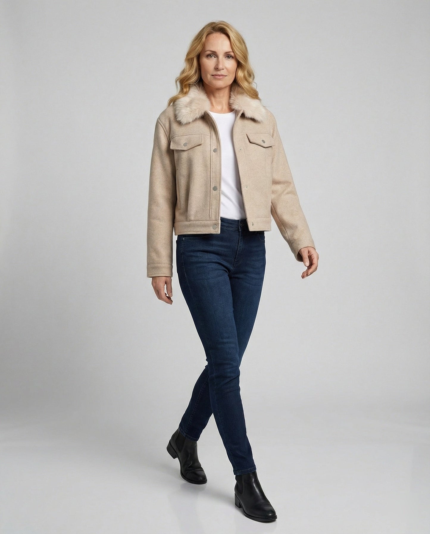 Damen Wolljacke Kunstfellkragen Warm Elegant
