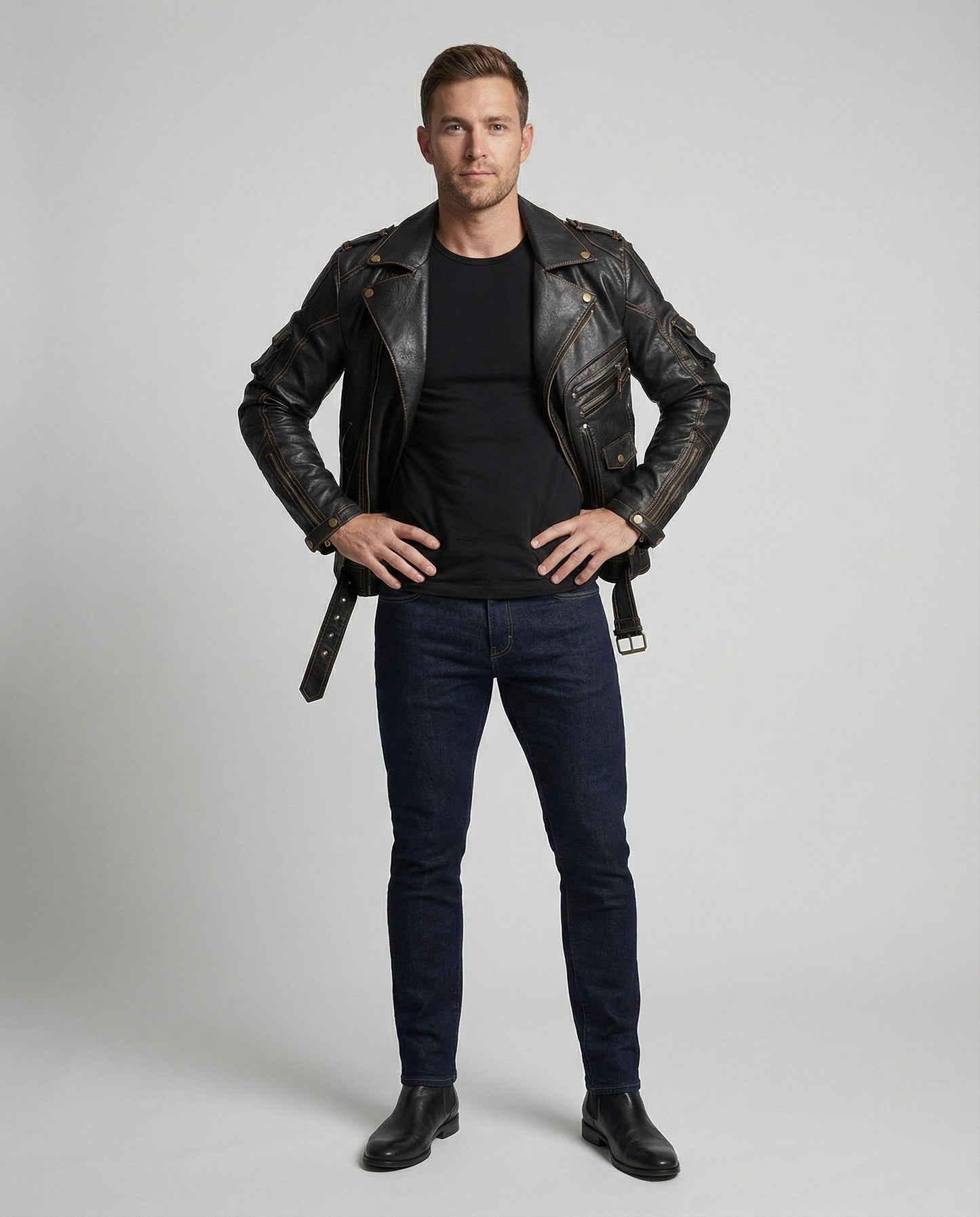 Lederjacke Herren Asymmetrisch Reißverschluss Schwarz