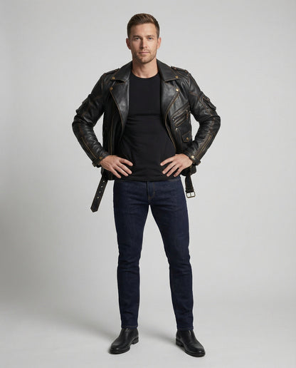 Lederjacke Herren Asymmetrisch Reißverschluss Schwarz