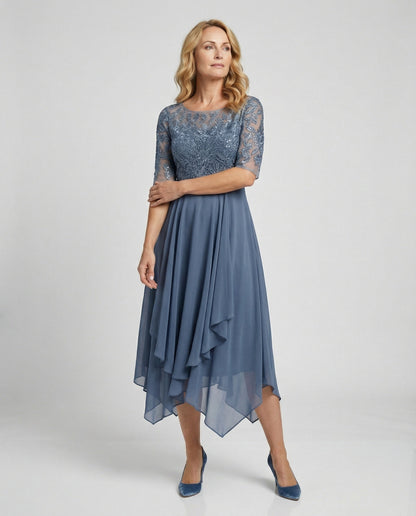 Elegantes Damen Midikleid aus Spitze und Chiffon - BerlinGlamour