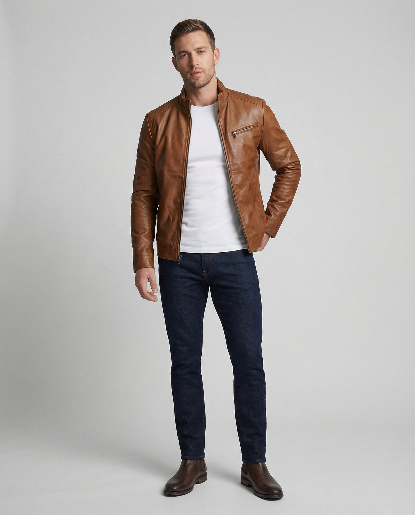 Lederjacke Herren Modern Stehkragen Schwarz