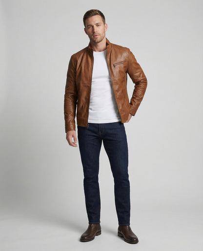 Lederjacke Herren Modern Stehkragen Schwarz