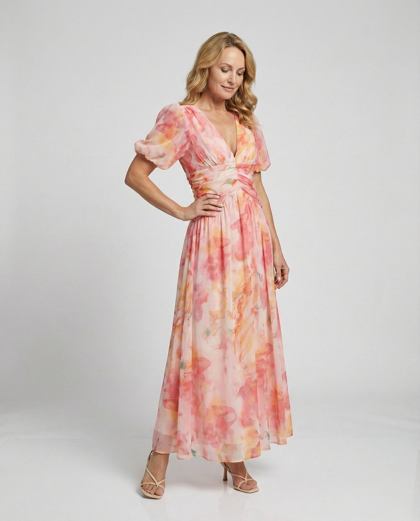 Damen Maxikleid mit Puffärmeln Wickelkleid Lang - BerlinGlamour