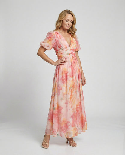 Damen Maxikleid mit Puffärmeln Wickelkleid Lang - BerlinGlamour