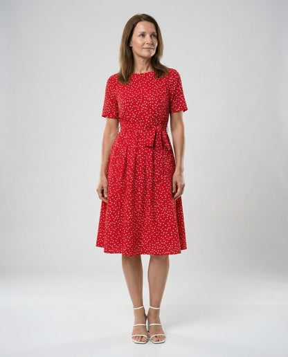 Damen Midi-Kleid Punkte Taillengürtel Elegant