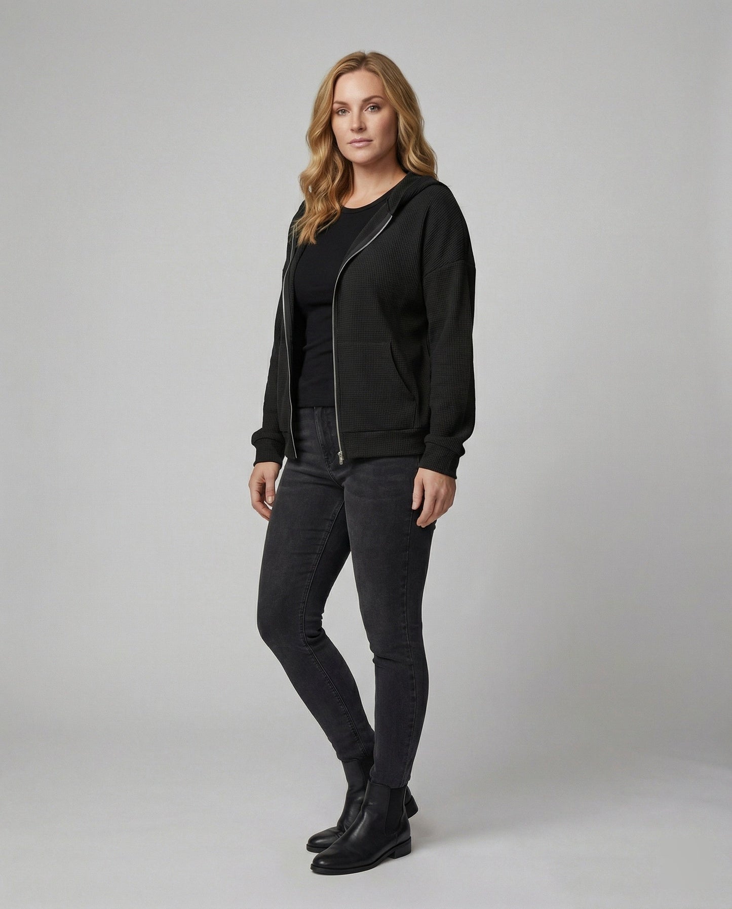 Damen Hoodie Jacke Lässig Waffle Mit Reißverschluss